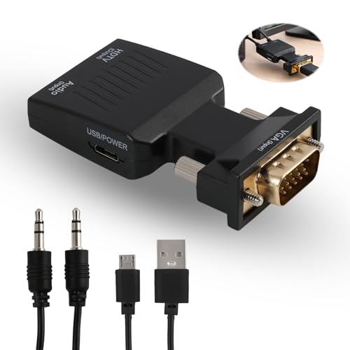Adaptador VGA a HDMI con Audio, Convertidor VGA Macho a HDMI Hembra 1080P 60Hz, Conversor Activo para PC Portátil Antiguo a TV Monitor Proyector, con Cable Jack 3,5 mm y Alimentación USB