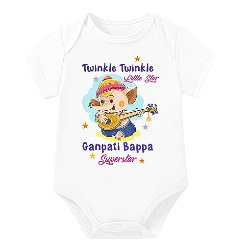 Image of Lillypupp Ganesh Chaturthi Dress For Baby Boy Girl| Ganpati Quotes Half Sleeve Unisex Cotton Romper Bodysuit For New Born Baby Clothes.