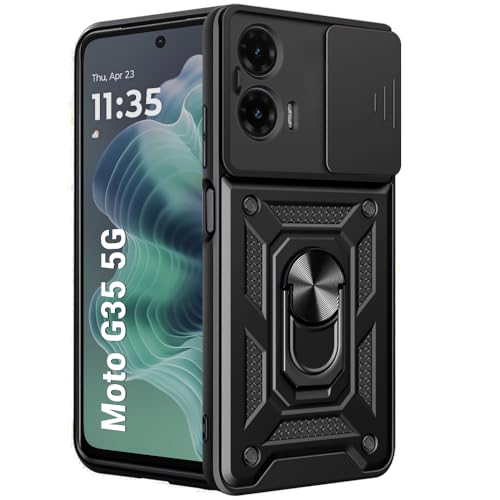 Image of TheGiftKart Tough Armor Bumper Back Cover Case for Motorola Moto G35 5G | Sliding Camera Cover, Kickstand & Ring Holder | 360 Protection Back Cover Case for Motorola Moto G35 5G (PC & TPU, Black)