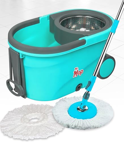 Image of Mr.Mop 360 Degree Round Spin Bucket Mop for Floor Cleaning with Rod Stick and 2 Microfiber Refill | Magic Pocha Set (Aqua Green (Steel Jali))