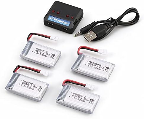 YUNIQUE UK 4 Pieces 3.7V 500mAh 25C Lipo Battery for Syma X5 X5C X5C-1 X5SW X5SC X5SC-1 X5A Cheerson CW-20 Quadcopters-Longer Flying Time and Overcharge Protection + Charger 1 to 4