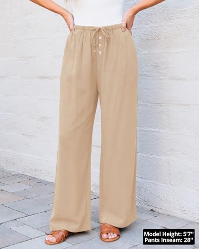 GRAPENT Linen Wide Leg Pants Woman High Waisted Pull On Button Drawstring Baggy Casual Summer Palazzo Pants with Pockets3