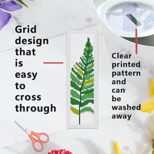 Image of INFUNLY 6PCS DIY Green Leaves Cross Stitch Bookmark Kits 7.9x2.4 Tropical Plant Stamped Embroidery Bookmarks Kit with Instruction Foliage Needlepoint Bookmark Kits for Book Lovers Readers Writers