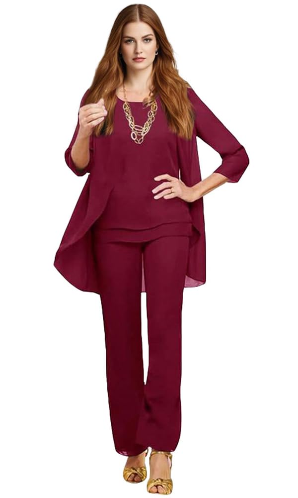 3 PC Chiffon Mother of The Bride Pant Suits Three Quarter Sleeves Womens Outfits for Wedding Guest