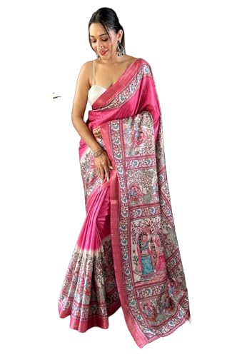 Image of Panzora Women's Tussar Silk Madhubani Printed Saree With Unstitched Blouse Piece