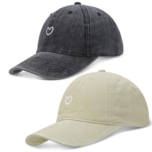 2 Stück Baseballkappe für Herren Damen Verstellbar Baseball Cap mit Herz Baumwolle Pferdeschwanz Kappe Vintage Unisex Basecap Sonnenhut Sportkappe für Outdoor Sport Leisure Reisen (Grau und Khaki)