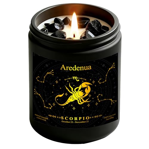 Image of Scorpio Zodiac Candles with Black Obsidian Crystals, Smoky Vanilla | Astrology Scorpio Birthday Gifts for Women Men, Black Gift Box, 7 oz Soy Candle, 50 Hour Burn Time, Black Jar