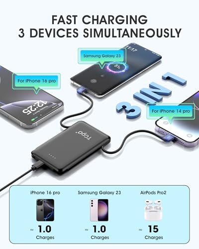 TG90° Portable Charger Power Bank,5000mAh Small Battery Pack with Built-in Foldable AC Wall Plug and Cables, Mini Battery Charger Compatible with iPhone 16 15 14 13 12 Samsung Google iPad etc2