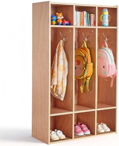 VEVOR 3-Section Kids Coat Locker, Wooden Toddler Cubby Storage Organizer with 6 Hooks & Non-Slip Mat, Modern Kid Coat Cubbies with 6 Small Open Storage Boxes for Home, Kindergarten, Daycare, Natural