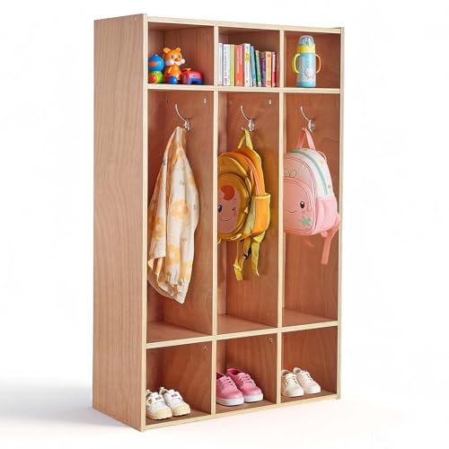 VEVOR Vestiaire 3 Enfants Ouvert, Penderie pour Enfants en Bois, Rangement pour Crèche Maternelle Garderie Maison, Meuble d'accueil Scolaire avec Casiers à...