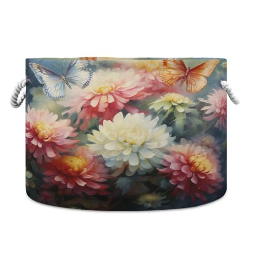 Round 7butterfly Chrysanthemums Spring Storage Basket Large Organizer Bin Laundry Hamper Toy Storage Basket with Handle for Nursery Clothes Toys 202b3963