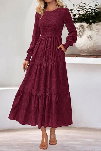 dowerme Maxi Dresses for Women 2025 Long Sleeve Floral Smocked A Line Polka Dot Flowy Boho Vacation Dress Fall Clothes4