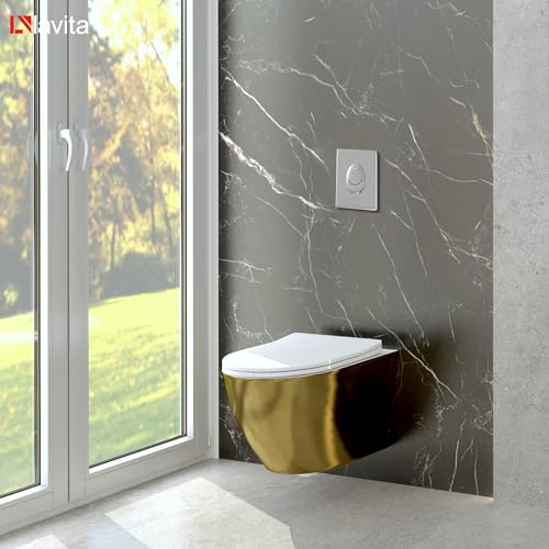 Lavita Vorwandelement Solido Start + Wand Hänge WC Sofi Slim Brushed Gold Spülrandlos + WC Sitz mit Absenkautomatik Verchromter Knopf Komplettset Unterputz Spülkasten Toilette Komplett Sett WC – Bild 8