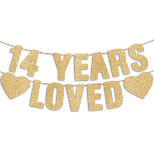 Pre-Strung 14 YEARS LOVED Gold Glitter Banner, Happy 14th Birthday Decorations for Girls, 14 Year Old Party Anniversary Decor Sign for Boys