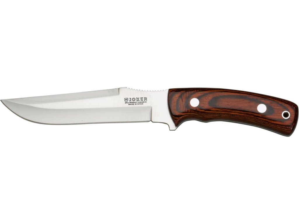Joker Cuchillo de Monte Gamo CR51, con cachas Estamina Roja, Hoja MOVA de 15 cm y Peso 240 gr, con Funda de Cuero marrón, Herramienta de Pesca, Caza, Camping y Senderismo