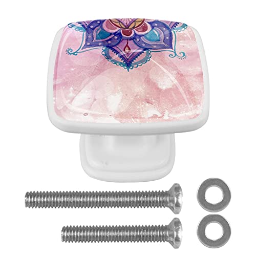 BestIdeas Pomos cuadrados de 30 mm con diseño de mandala rosa, 4 tiradores de pomos de cocina, para armario, aparador, puerta, muebles, decoración del hogar