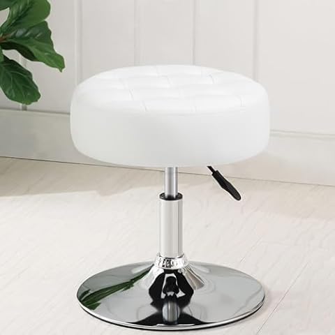 Furnimart Modern Round Faux Leather Vanity Ottoman Stool, Contemporary Makeup Accent Stool for Bedroom Living Room Entryway (Pu-White) Cover