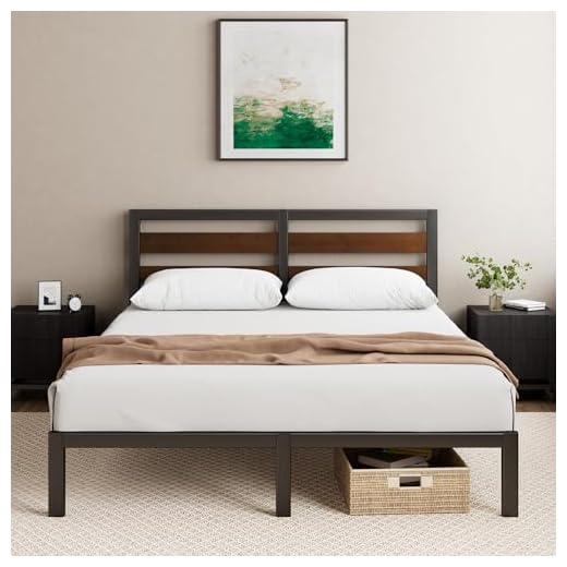 Zinus Kai - Letto 140 x 190 cm, in bambù e metallo, con testiera di facile montaggio, altezza 80 cm, letto in metallo con rete a doghe, senza bisogno di rete, nero e marrone