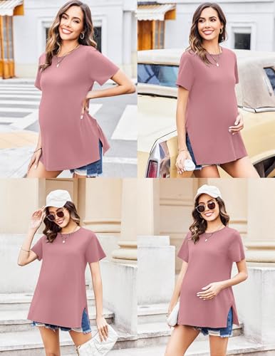 Ekouaer 3 Pack Maternity Shirts Short Sleeve Split Side Pregnancy Tops Casual Pregnant Tunic Blouse Red Purple/Black/Dark Pink XXL — view 4