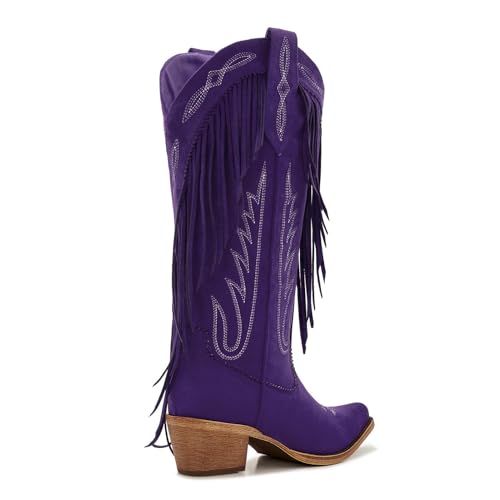 ZXHYZLZ Women's Fringe Western Cowboy Boots – Black Knee High Cowgirl Boots with Embroidery, Low Heel & Suede Look – Festival Rodeo Style2