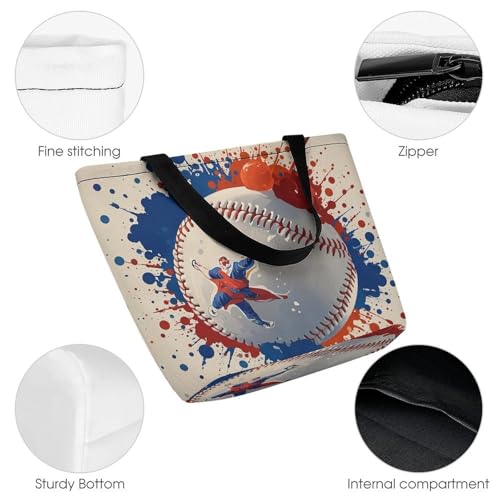 Baseball Splatter Style Tote Bag for Women Cosmetic Bag with Zipper, Reusable Wide Opening Handbag for Work, Travel3