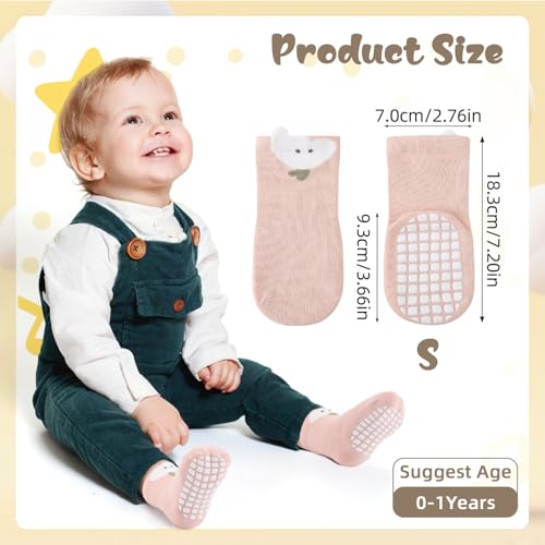 Jspupifip Toddler Non-Slip Socks with Grips for 0-1 Years 5 Pairs Cotton Cute Baby Cartoon Floor Crew Socks Indoor Soft Cotton Frilly Ankle Sock2