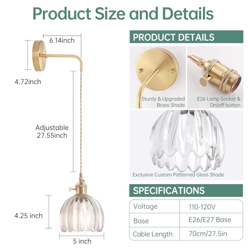 Image of Shenmoyl Vintage Wall Sconce Wall Lamp Clear Tulip Shade Pattern Glass Adjustable Chain Retro Gold Wall Mounted Light, Wall Lamp Fixtures Decor for Bedside Bedroom Indoor Doorway