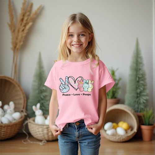SOFEON Kids Girls Easter Shirt Bunny Peace Love Peeps T-Shirt Cute Funny Rabbit Graphic Tees Short Sleeve Casual Tops2