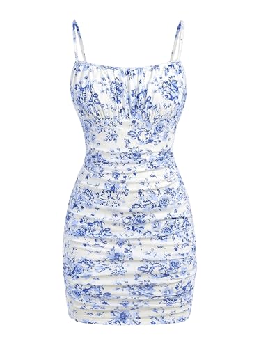 Floerns Girl's Floral Print Spaghetti Strap Bodycon Dress Mesh Ruched Cami Mini Dress