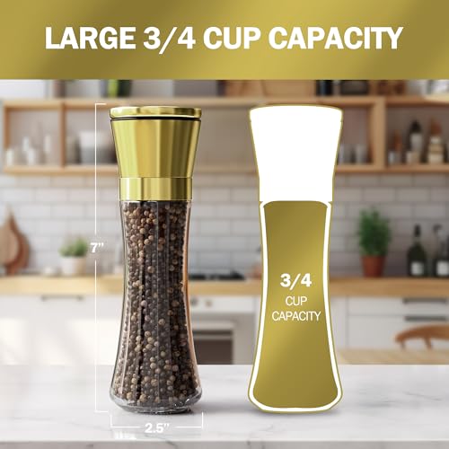Image of HOME EC Original Stainless Steel Salt or Pepper Grinder 1pk - Adjustable Ceramic Sea Salt Grinder or Pepper Mill - Tall Glass Spice Shaker - Spice Mill w /Ebook (Gold)