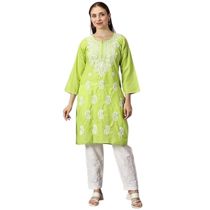Image of FCH, Fashionable Chikan Handikraft Women's Cotton Lucknowi Chikankari Printed Straight Kurta for Regular Wear Girls Flared Kurta