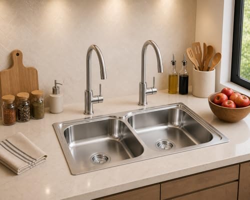 Image of Stainless Steel Kitchen Sink 37x18 Inch | Double Bowl Sink for Modular Kitchen | With SS Waste Coupling & PVC Drain Pipe | Rust Resistant & Durable