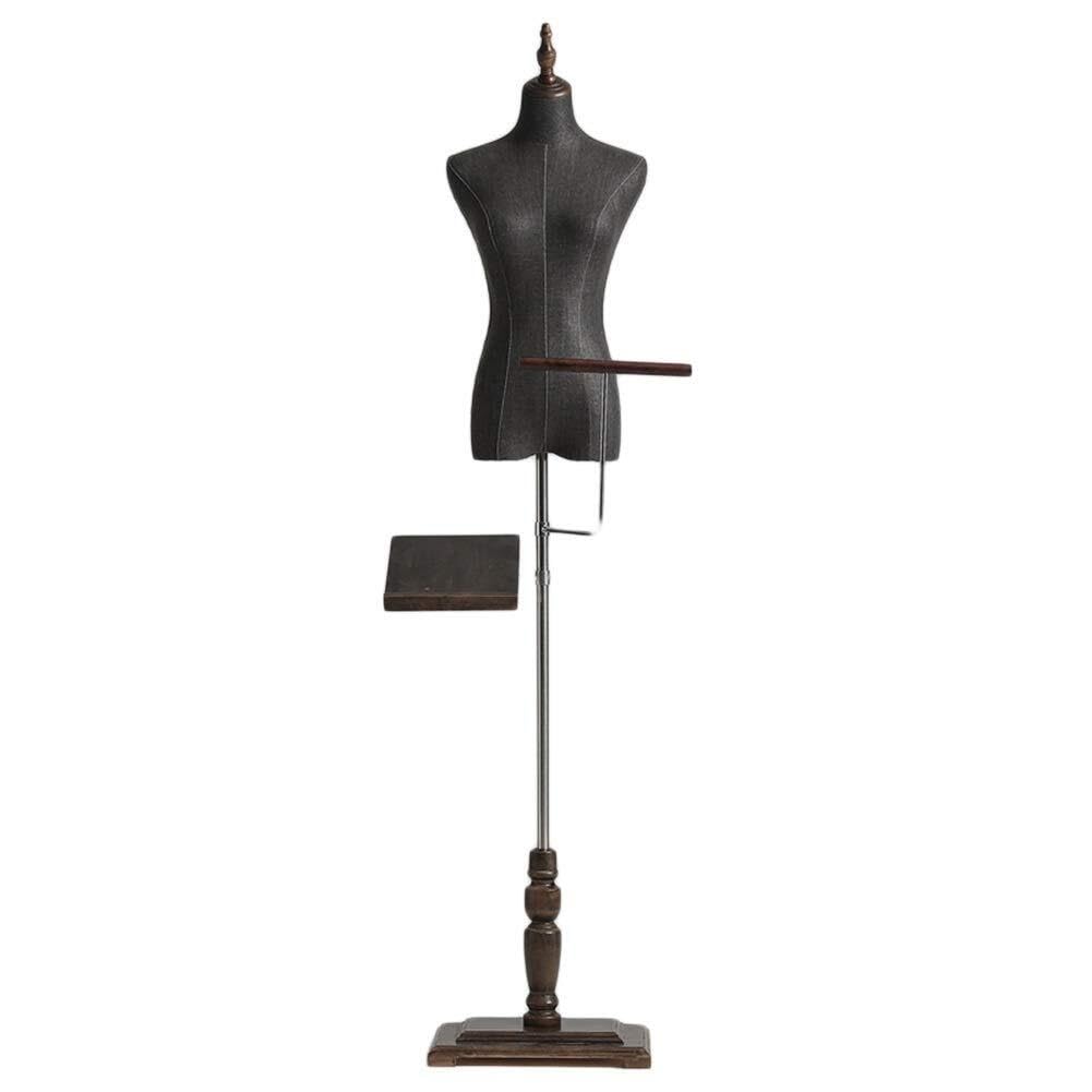 Height Adjustable Female Mannequin Torso Body Bust with Solid Wood Base for Clothing Display, Black Linen Fabric (Size S, M)