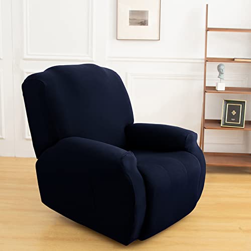 Stretch Recliner Chair Cover,4 Pieces Sofa Cover Slipcover Couch Covers,Armchair Cover Non-Slip Furniture Protector,Elastic Spandex Soft Recliner Chair Protector with Side Pocket(1 Seater Navy Blue) - Image 2