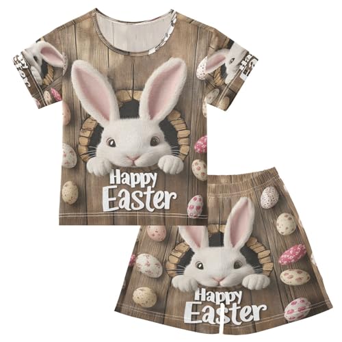 ALAZA Happy Easter Rabbit Bunny Egg Animal Pajamas Set Short Sleeve Cotton Sleepwear Summer Pjs 2 Piece 5-14Y