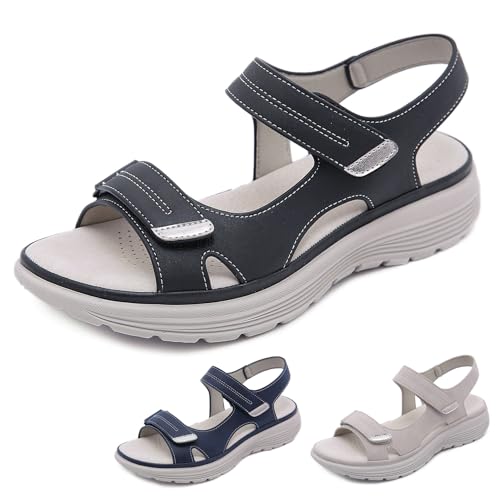 Women's Leather Platform Casual Orthopedic Sandals Fashion Comfortable Hook Loop Non Slip Outdoor Wedge Walking Sandals for Mam Work Outdoor