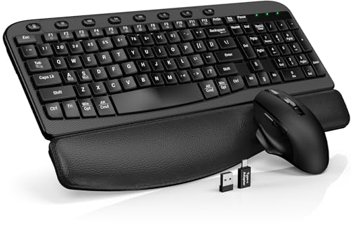 Wireless Keyboard and Mouse Combo – Ergonomic Wave Key, Built-in Leather Soft Palm Rest, 2.4G Full Size, 8 Hotkeys, 6-Button Mouse with 4-Level DPI, Dual USB-A/USB-C, Windows & macOS Compatible