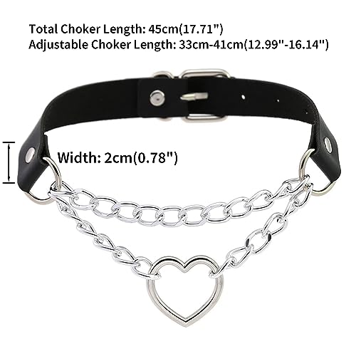 Fm Fm42 Pink Pu Simulated Leather Gothic Punk Silver-Tone Heart Ring Cuban Curb Link Chain Adjustable Neckband Collar Choker Pn2401 #TOP2