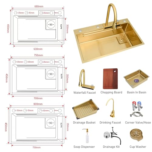 Fregadero de cocina dorado ergonómico para lavar recipientes grandes con cascada útil 7