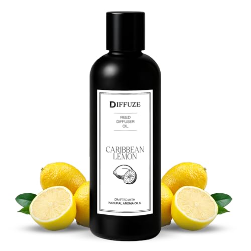 Image of DIFFUZE Caribbean Lemon Essential Oil Reed Diffuser Refill with 10 Fibre Reed Sticks | Citrus Aroma Oil, Fragrance Oil & Diffuser Oil for Home Fragrance | Essential Oil Diffuser for Home