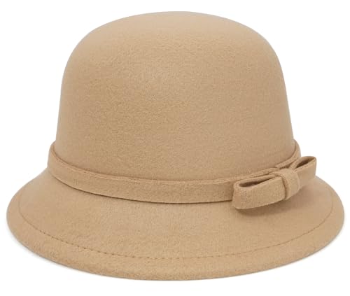 WULIQIUQIU Filzhut für Damen, Schleife, Fedora, Fischerhut, 1920er-Jahre, Vintage-Mütze, beige, Einheitsgröße