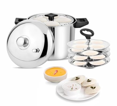 Image of VARCHAS Stainless Steel Idli Cooker with 4 Plates and Lid | 16 Idlis | Idly Maker | Silver | Steamer | Compatible with Gas and Induction