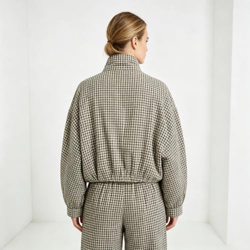 Plaid Bomber Jacket Women Oversized Cropped Funnel Neck Gingham Jacket - image 3