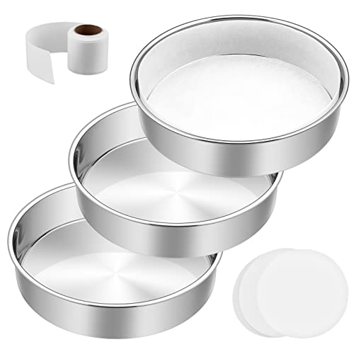 9½ Inch Cake Pan Set of 3, E-Far Stainless Steel Round Layer Cake Baking Pans with Parchment Rounds & Side Liner Roll, Non-Toxic & Healthy Metal Cakes Tin, Straight Side & Dishwasher Safe