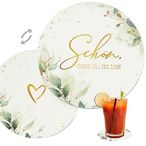 46 Stück Bierdeckel Untersetzer Wein Schön DASS du da bist Getränkeuntersetzer Eukalyptus Tassenuntersetzer Bier Getränke für Hochzeit Gartenparty Geburtstag Tisch Deko