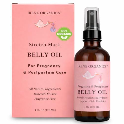 Image of Irene Organics Organic Belly Oil for Pregnancy & Postpartum – Lightweight, Non-Greasy Stretch Mark Support Oil – Hydrating Vitamin E Bump Serum, Unscented & Pregnancy Safe