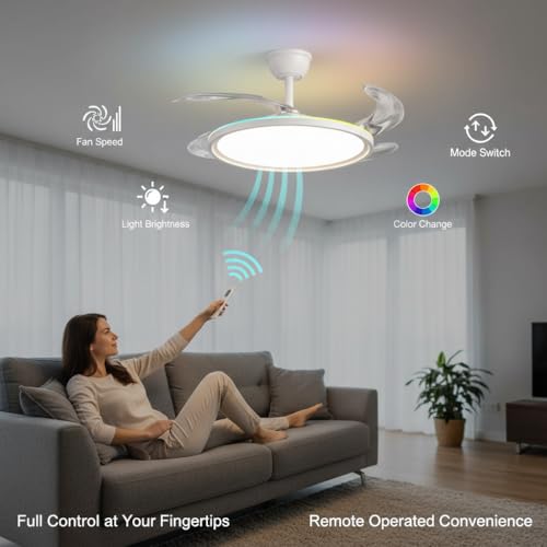 Image of oltao Zyro UltraSlim Retractable Ceiling Fan with RGB Ceiling Glow & 3-Color LED Panel Light, Summer /Winter Mode, Remote Control, 42 Inch Sweep (2026 Model)