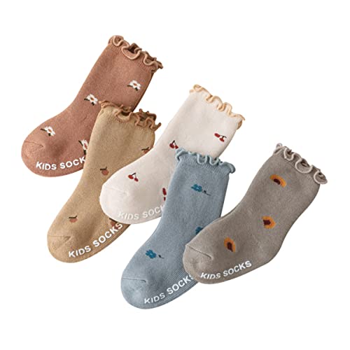 Image of GuaziV Toddler Baby Crew Socks, Anti Slip Warm Thick Cotton Unisex Frilly Ruffle Socks 5 Pairs (5 Colors, 0-6 Months)