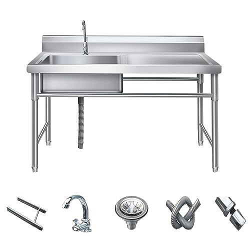 Fregadero independiente de acero inoxidable moderno con patas, fregadero comercial con conexión de manguera, fregadero de cocina al aire libre/fregadero de cocina de granja - Fregadero multifuncional