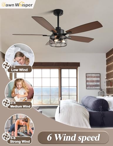 Image of Dawn Whisper 52 Inch Black Ceiling Fans with Lights Farmhouse Ceiling Fan with Remote for Bedroom Living Room Caged Classic Chandelier Fan for Indoor(NO Bulbs